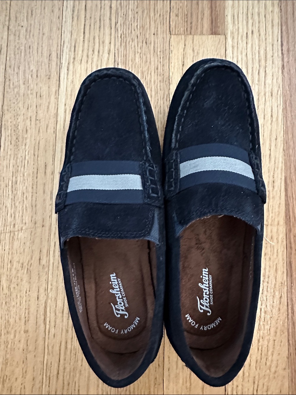 Florsheim Black Suede Loafers with Gray Stripes